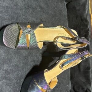 Clarks Iridescent Snake-Embossed Strappy Heels